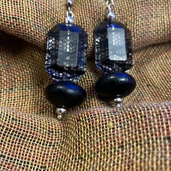 Handmade Jewelry Earrings Made w New & Upcycled Beads in Black & Silver - Picture 3 of 3